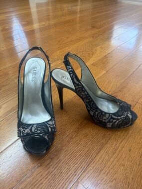 Guess Black Lace Slingback Platform Heels size 9.5